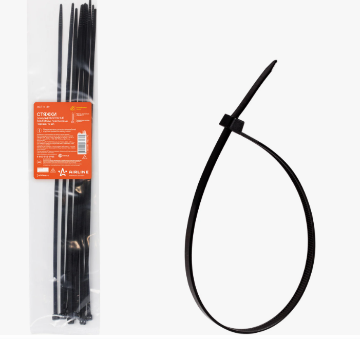 Хомуты-стяжки 250х3.6 мм AIRLINE кабельные нейлон (пластик) черные 10 шт